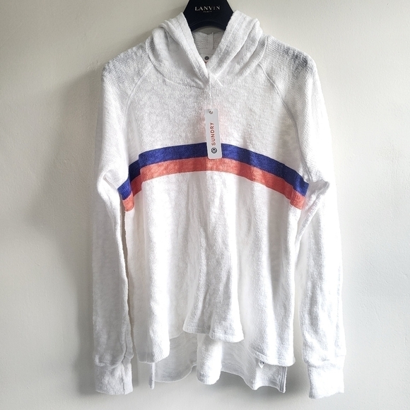 New Sundry Slit Striped Hooded White Pullover Sweatshirt NWT 0/XS - Picture 10 of 15